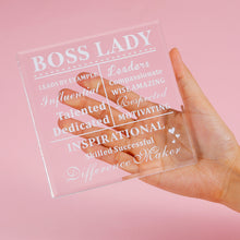 Load image into Gallery viewer, Boss Lady Gifts for Women Acrylic Boss Lady Stocking Stuffers Desk Boss Lady Office Decor Inspirational Quotes Boss Gifts Boss Appreciation Keepsake and Paperweight for Birthday (White, Classic Style)