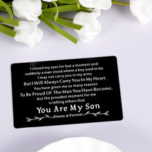 Load image into Gallery viewer, Inspirational to My Son Gifts Wallet Card for Boys Teens from Mom Mother Christmas Stocking Stuffers for Birthday Graduation Valentine Gifts for Men Kids Step-Son in Law First Time Fathers Day Gifts