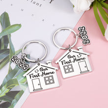 Load image into Gallery viewer, 2022 First Home Keychain Housewarming Gift for Women Men New Homeowner First Home Keyring for Couple Friend Daughter Son New House Key Chain for Family BFF Coworker Real Estate Moving in Gift 2PCS