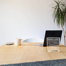 Load image into Gallery viewer, Boss Lady Gifts for Women Acrylic Boss Lady Stocking Stuffers Desk Boss Lady Office Decor Inspirational Quotes Boss Gifts Boss Appreciation Keepsake and Paperweight for Birthday (White, Classic Style)