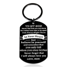 Load image into Gallery viewer, Inspirational to My Son Gifts Keychain for Boys Teens from Mom Mother Christmas Stocking Stuffers for Birthday Graduation Valentine Keyring for Men Kids Step-Son in Law First Time Fathers Day Gift