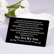 Load image into Gallery viewer, Inspirational to My Son Gifts Wallet Card for Boys Teens from Mom Mother Christmas Stocking Stuffers for Birthday Graduation Valentine Gifts for Men Kids Step-Son in Law First Time Fathers Day Gifts